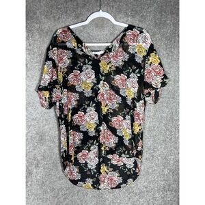DR2 Sheer Top Womens Size XL Black‎ Yellow Floral Pink Green Short Sleeve Hi-Low